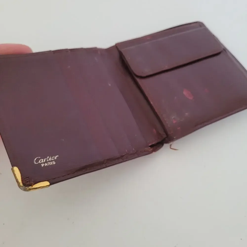 Must De Cartier Men's Bifold Leather Bordeaux‎ Red Wallet Medium Retro Bill Fair